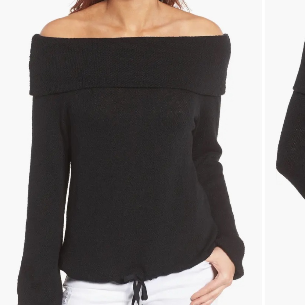 CASLON (Nordstrom) MEDIUM BLACK OFF THE SHOULDER LONG SLEEVE TIE WAIST